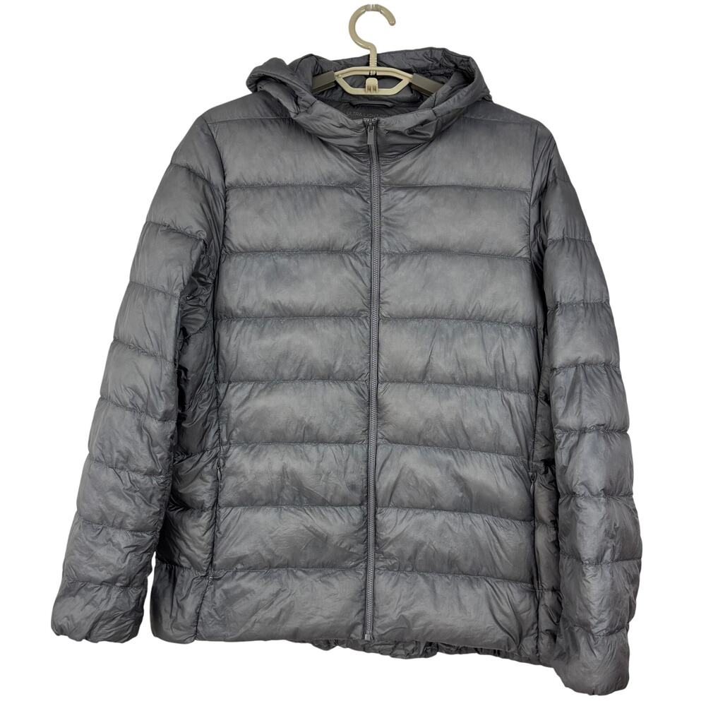 Uniqlo Women's Ultra Light Down Quilted Hooded Puffer Coat XL Gray pockets